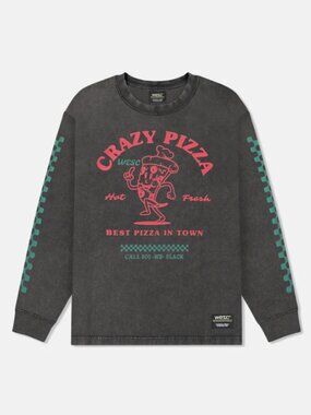NWT WESC Men S Streetwear Kendrick LS 'Crazy Pizza' Black Long Sleeve Tee Shirt